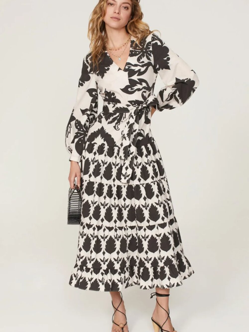 Area Stars Leaf Midi Maxi Dress Long Sleeve Drop Waist Cream Black Mixed Damask